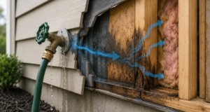 Water damage behind exterior siding caused by a leaking outdoor faucet, showing moisture intrusion, wood rot, and insulation damage.