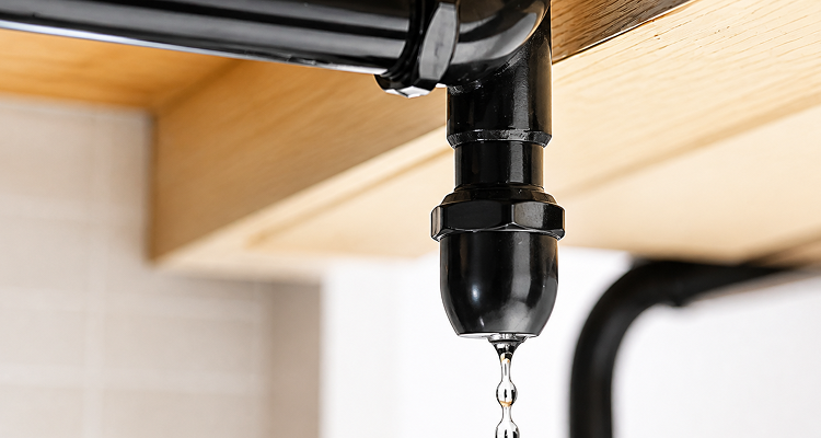 Water dripping from a leaking drain pipe beneath a kitchen sink, indicating the need for professional plumbing leak repair in Calgary.