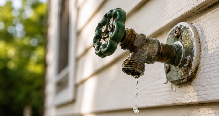Water damage behind exterior siding caused by a leaking outdoor faucet, showing moisture intrusion, wood rot, and insulation damage.