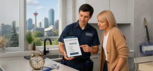 Plumber showing a flat rate quote for tap repair to a homeowner in a modern Calgary kitchen.