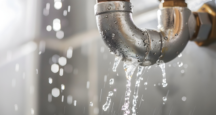 Water leaking heavily from a metal P-trap pipe joint under a sink, representing burst pipe repair Calgary services by Jackdup Plumbing.