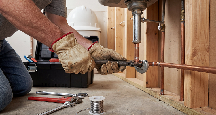 Plumber using a pipe cutter on copper water lines under a sink during professional plumbing renovations in a residential home.